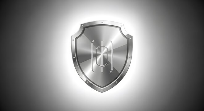 Shiny metal shield with a lock icon on gray background