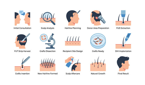 Hair transplant procedure steps shown on white background