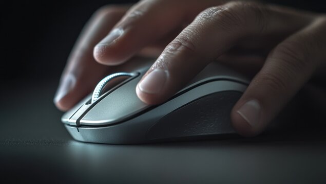 Person's hand scrolling an illuminated computer mouse wheel on a dark surface, symbolizing digital work and technology.