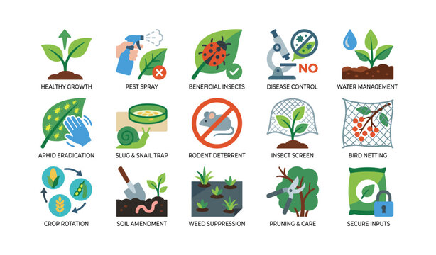 Garden and pest control icons showing plant care actions on white
