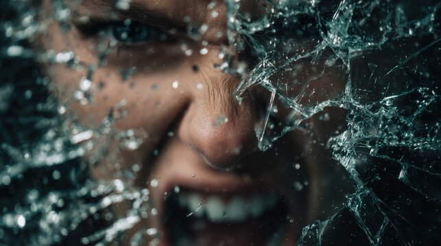 Intense emotional expression of anger and frustration captured through shattered glass with a close-up of a man screaming in distress and tension behind broken fragm