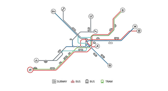 Minimalist public transport transit system map with subway bus and tram lines