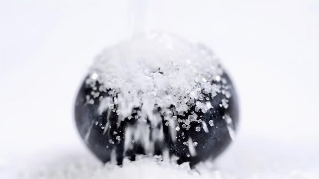 A single dark berry is being generously coated with white granulated sugar crystals falling from above.