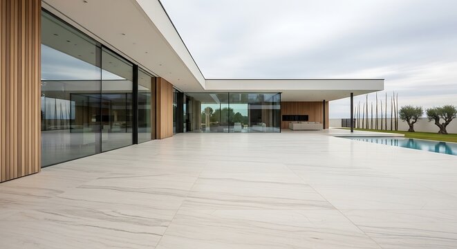 Modern Luxury Minimalist Villa with Glass Walls and Swimming Pool on Marble Terrace