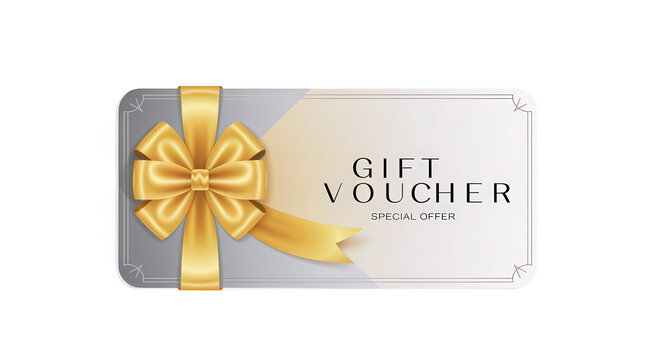 Gift voucher with golden bow on gray and transparent background