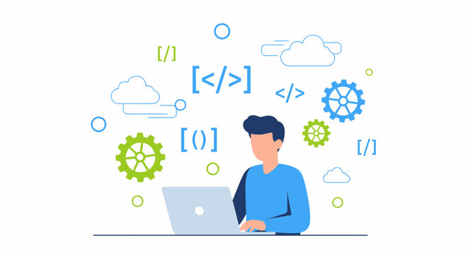 Developer sitting at a desk with a laptop while surrounded by floating code tags and gear icons.