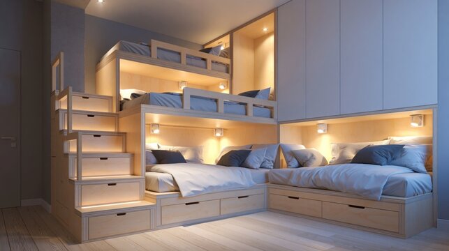 Plywood custom built-in bunk beds with integrated steps and drawers