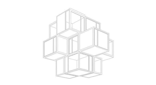 Abstract wireframe 3D geometric cubes structure on white background