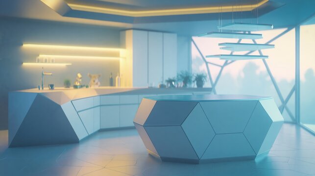 Modern futuristic kitchen interior with geometric design and panoramic window view