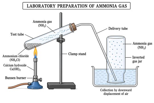 Laboratory setup illustration for preparation of ammonia gas from ammonium chloride and calcium hydroxide mixture