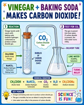 Clean vector chemistry poster showing carbon dioxide production through vinegar and sodium hydrogen carbonate reaction