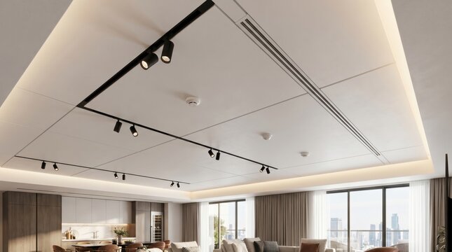Modern luxury living room interior with minimalist track lighting and recessed ceiling design