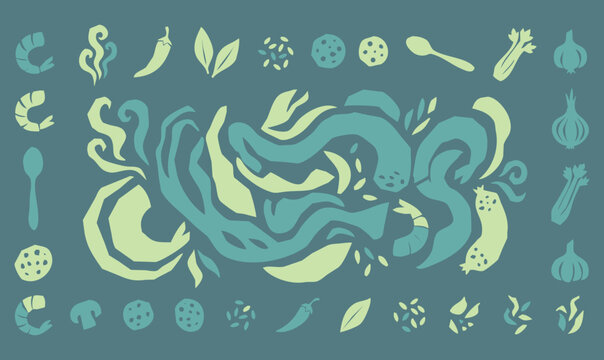 Vintage 1930s Rubber Hose Style Seafood Gumbo and Cajun Stew Ingredient Doodle Set