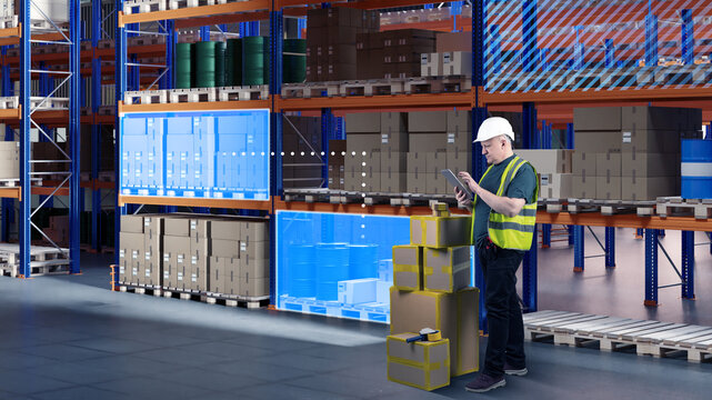 Warehouse manager scans inventory on tablet, tracking goods with digital logistics system.