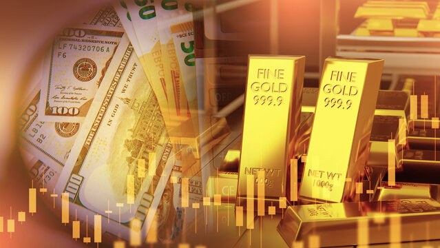 Gold bars and banknotes with market charts show precious metal investment and financial trading.