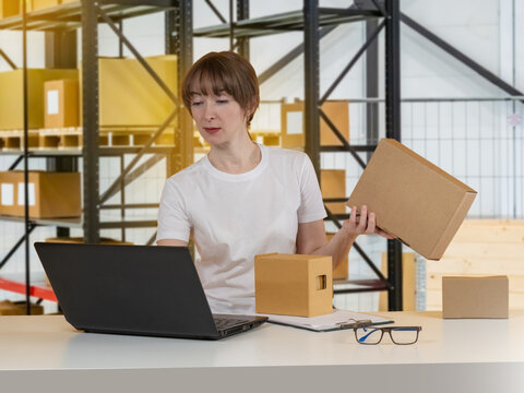 Warehouse clerk checks parcels at laptop, organizing ecommerce orders and inventory records.