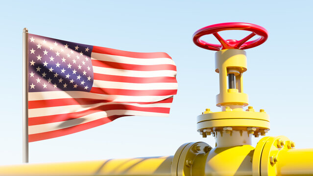 US flag waves beside gas pipeline valve, representing American energy supply and infrastructure. 3d image