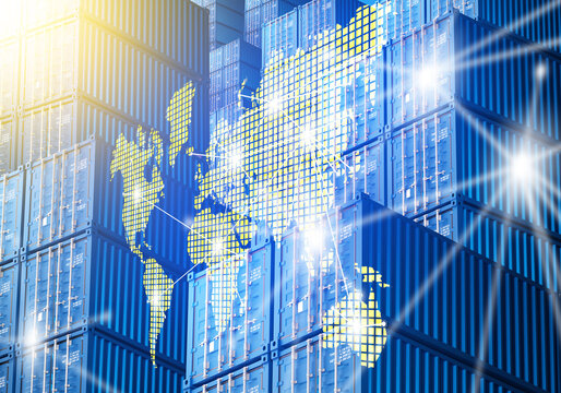Global shipping containers with world map show international trade and logistics network. 3d image