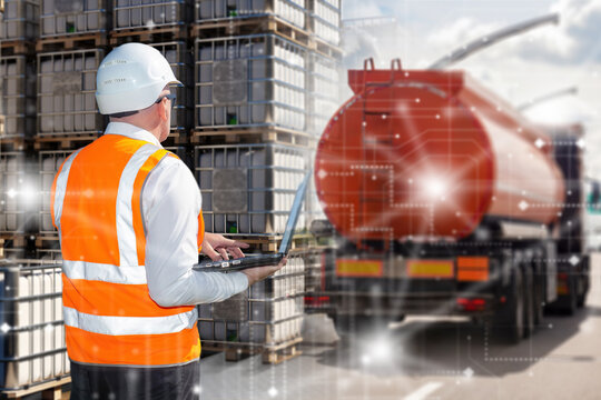 Logistics engineer tracks tanker truck loading near chemical containers using digital system.