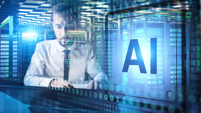 AI specialist works in data center, developing machine learning systems and digital automation.