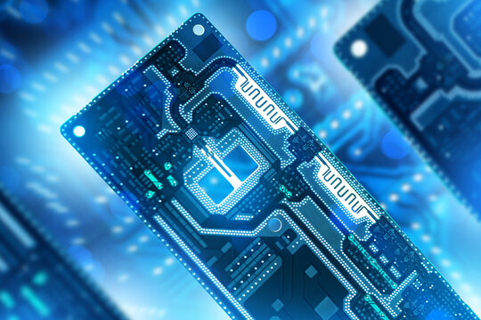 Microchip circuit board powers advanced electronics, computing hardware and digital technology.