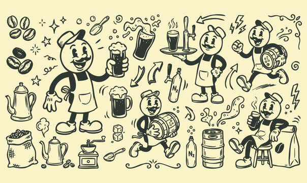 American Viral Drink Vintage 1930s Rubber Hose Style Nitro Coffee Barista Mascot and Brewery Doodle Set