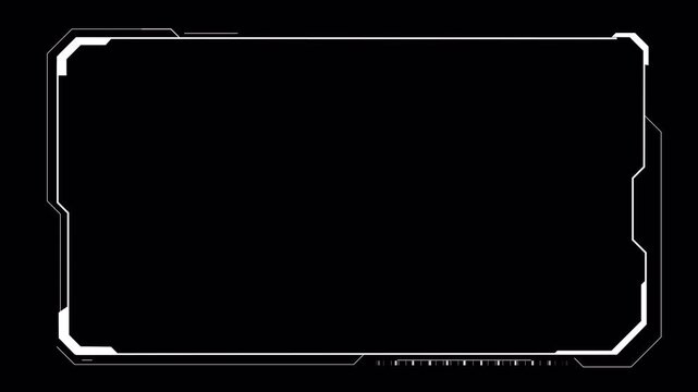 Futuristic HUD white rectangular video frame animation with alpha channel, angular sci fi border and minimal technology screen overlay