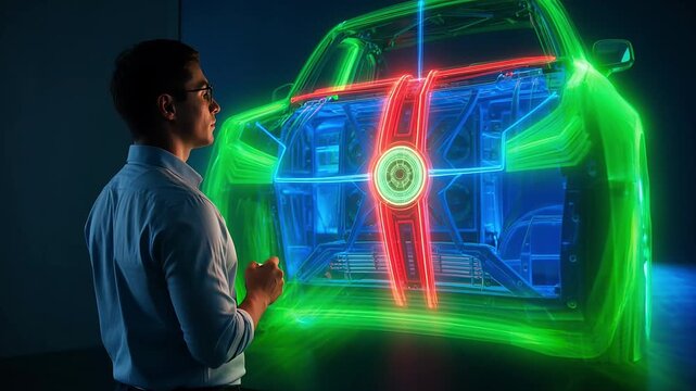 Professional Automotive Engineer Designing Futuristic Car with Augmented Reality Interface