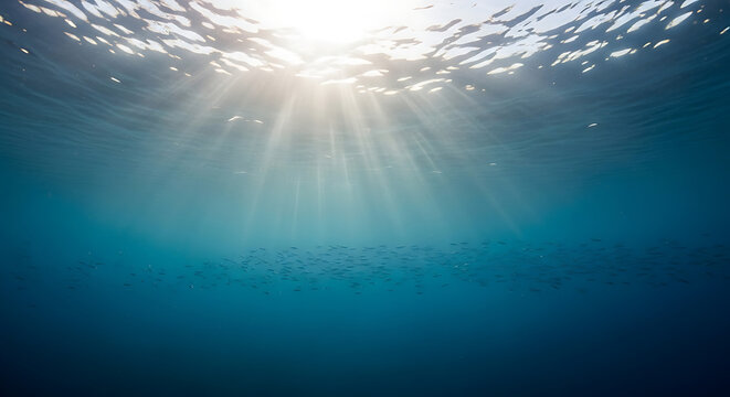 Sunlight filtering through ocean water surface with rays shining down on deep blue sea