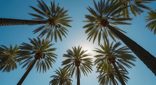 Palm trees against blue sky.