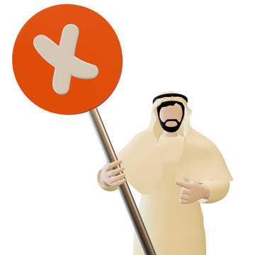 3D illustration of a Muslim man holding a sign about things to leave or not to do in Islam