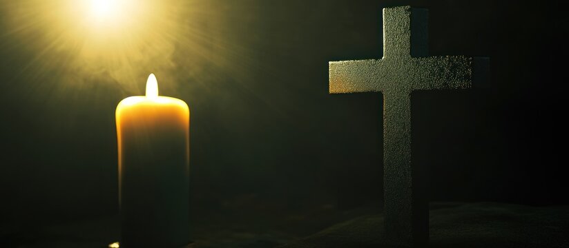 Religious cross and a burning candle glowing in a dark, spiritual setting with golden light rays.