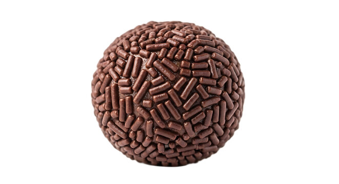 This close-up captures the delightful texture of a classic Brazilian chocolate brigadeiro, richly coated in sprinkles, presented prominently against a clean .
