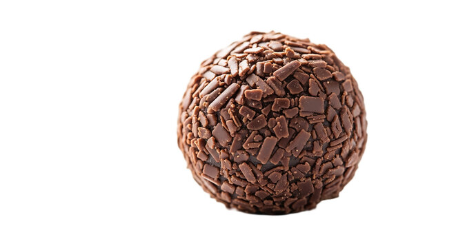 This exquisite Brazilian chocolate brigadeiro, elegantly adorned with fine chocolate shavings instead of sprinkles, is photographed against a minimalist , highlighting its sophisticated texture.
