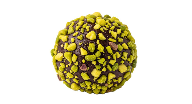 An appealing chocolate brigadeiro, generously coated in finely crushed pistachios, offers a beautiful contrast of color and texture, presented on an elegant .