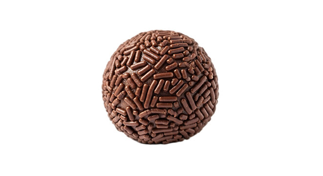 This image highlights a traditional Brazilian chocolate brigadeiro, perfectly round and generously covered in chocolate sprinkles, showcased against a seamless for maximum impact.