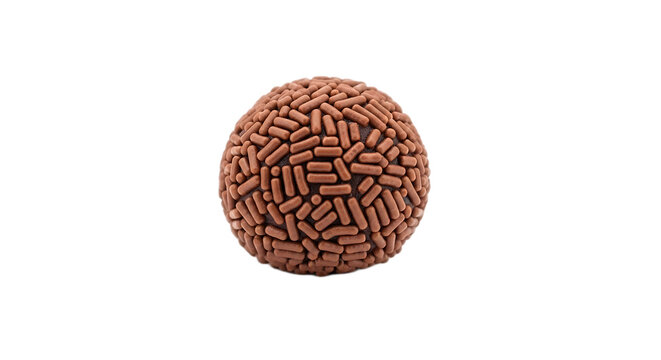 This image features a solitary, perfectly formed chocolate brigadeiro, generously covered in chocolate sprinkles, showcasing its simple yet irresistible appeal as a traditional Brazilian treat.