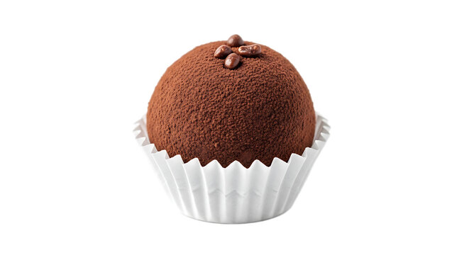 A decadent chocolate truffle, coated in cocoa powder and topped with aromatic coffee beans, is elegantly presented in a white paper , ready to be enjoyed.