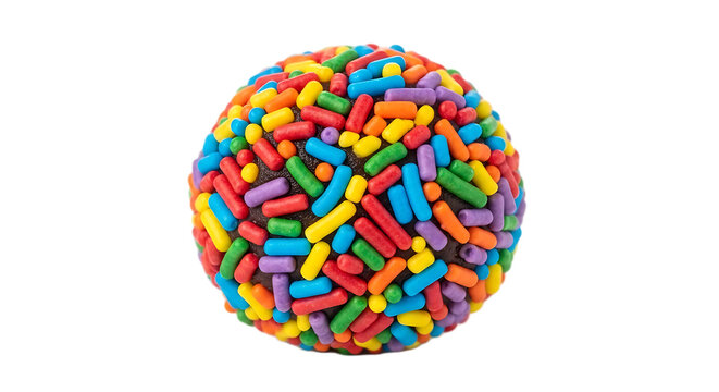 This cheerful image features a Brazilian brigadeiro, bursting with color from its generous coating of bright rainbow sprinkles. It offers a fun and festive twist on the classic sweet.