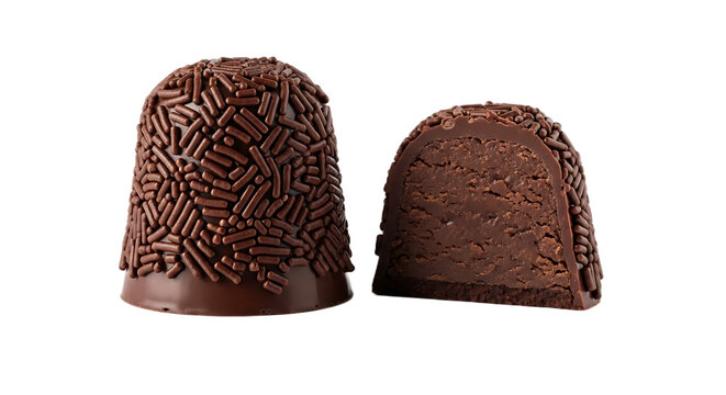 Two cone-shaped chocolate brigadeiros, one whole and one cut to reveal its dense, rich chocolate center, are prominently featured, highlighting this unique variation.