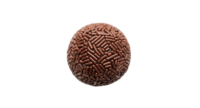 This image captures a perfectly formed Brazilian brigadeiro, completely adorned with glistening chocolate sprinkles. Its rich texture and round shape are highlighted against the stark black backdrop.