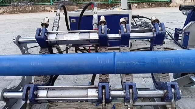 HDPE Welding Sequence: Technician Rotating Fused Pipe to Inspect Quality of Butt Fusion Weld Bead