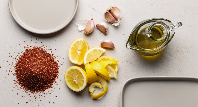 A high-angle flat lay composition featuring a pile of vibrant Aleppo pepper flakes, fresh lemon slices, garlic cloves, and olive oil on a stone kitchen surface
