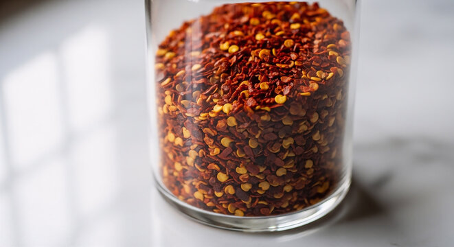 A close-up view of vibrant red crushed aleppo pepper flakes packed inside a clear cylindrical glass container on a clean marble surface in the kitchen