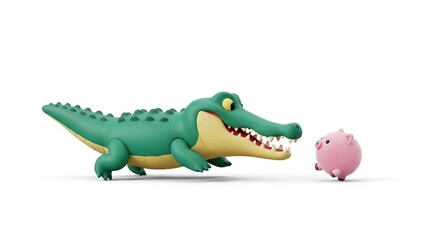 Fototapeta premium Cartoon Crocodile and Pig - A Playful Encounter on a White Background.