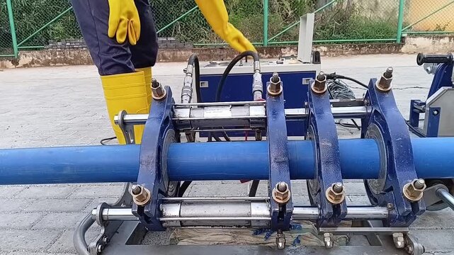 HDPE Welding Sequence: Technician Checking Alignment of Faced HDPE Pipe Ends Before Heat Welding