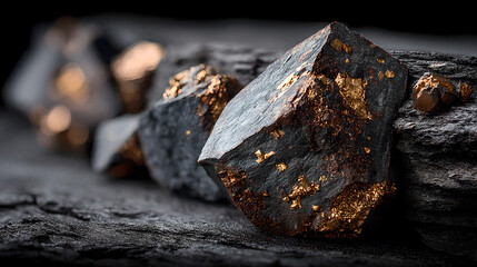 Fototapeta premium Raw molybdenum ore crystals on black shale with metallic reflections,showcasing strategic mineral resources and clean energy materials for industrial use.