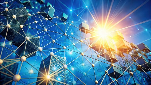 A realistic photo of Digital blockchain network visualization on blue background