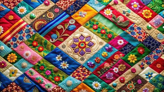 A photo of a serene Korean traditional patchwork background made of ramie fabric, featuring intricate designs and vibrant colors, exuding an atmospher