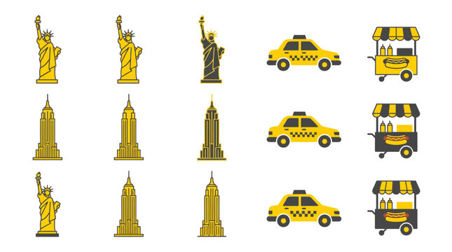 Set of New York City iconic landmarks and symbols including the Statue of Liberty, Empire State Building, yellow taxi, and hot dog cart